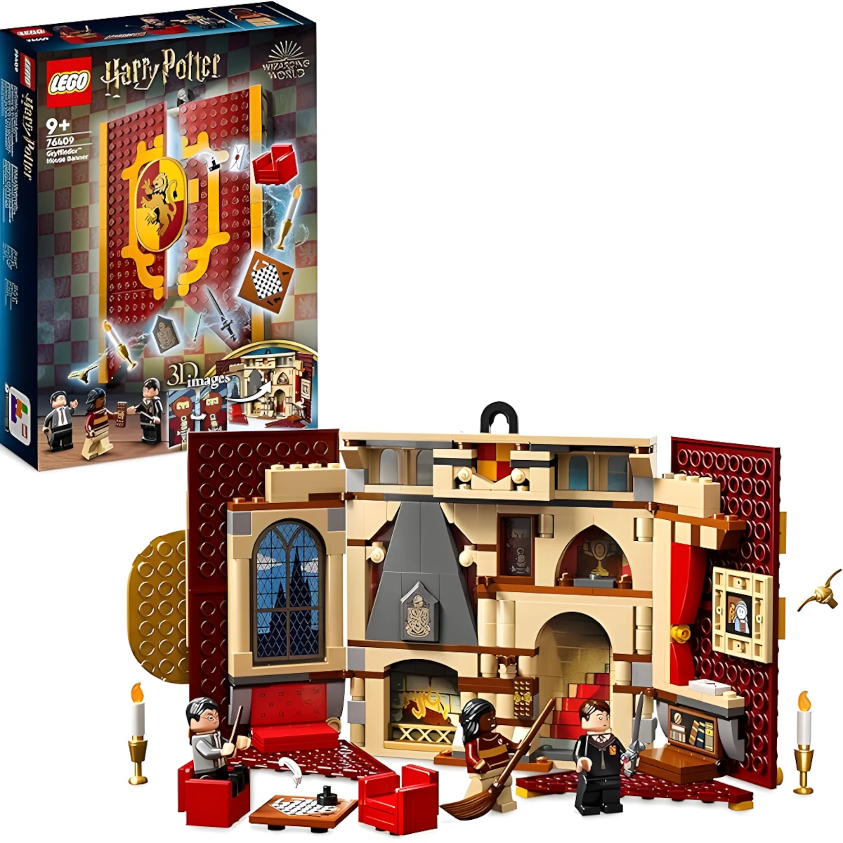 Lego Harry Potter estandarte de la casa Gryffindor, sala común del castillo de Hogwarts o cuadro de pared